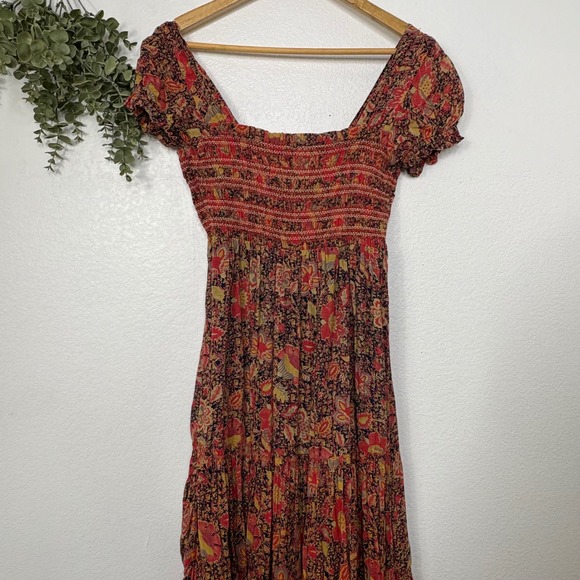 Free People Getaway Red Floral Print Tiered Maxi Dress Smocked XS - Picture 10 of 10